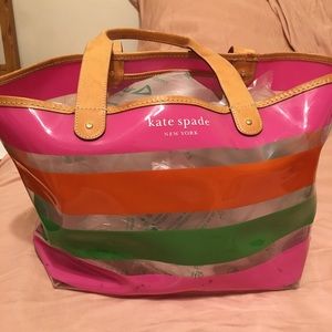 Kate Spade striped vinyl beach tote leather handle